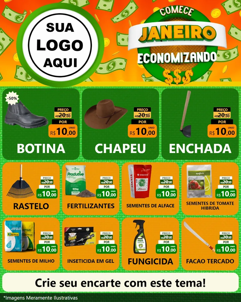 Modelo de Rede Social para Feed Instagram com o tema Comece Janeiro Economizando para Agropecuária