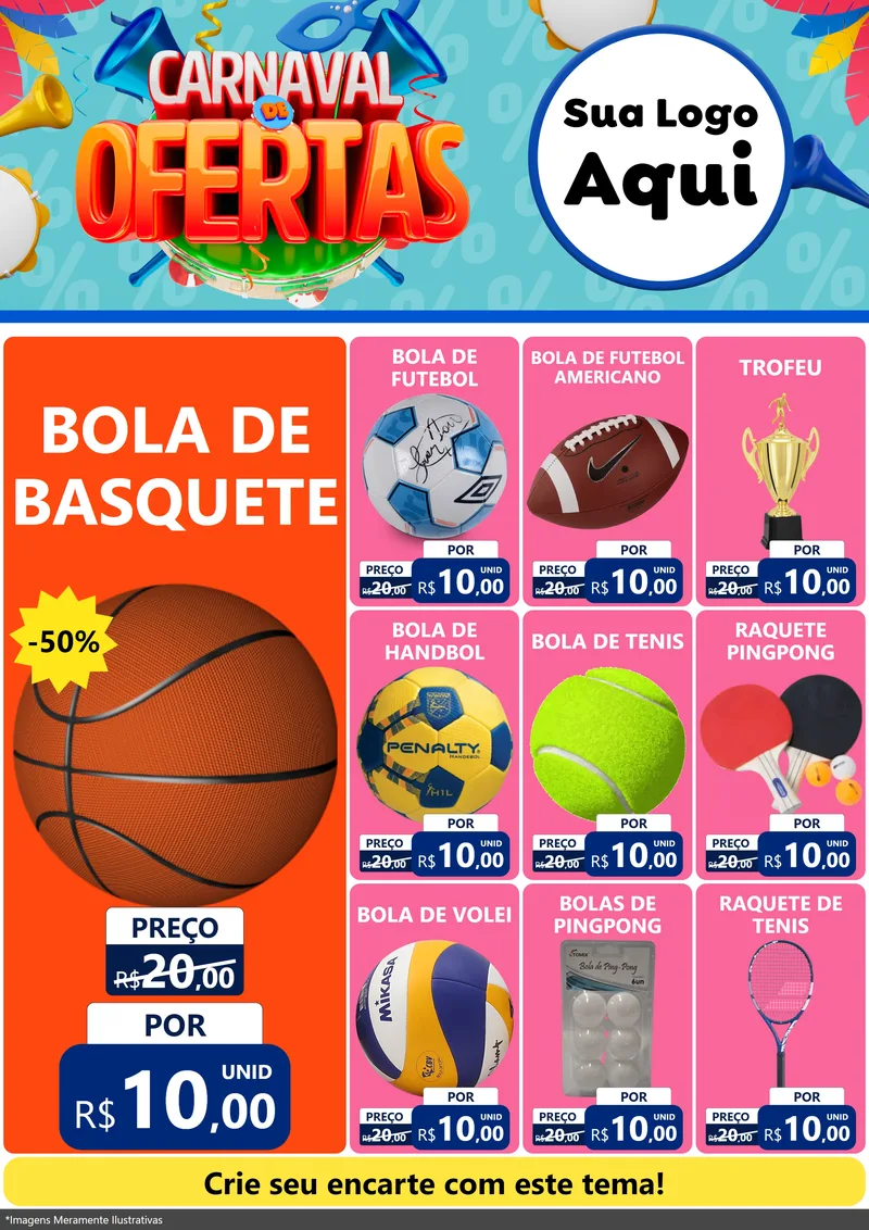 Modelo de Encarte para Encarte A4 Vertical com o tema Carnaval de Ofertas para Artigos Esportivos