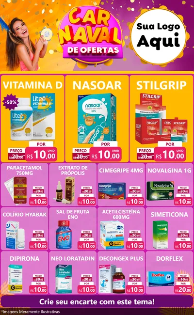 Modelo de Encarte para Encarte Grande com o tema Carnaval de Ofertas para Farmácia
