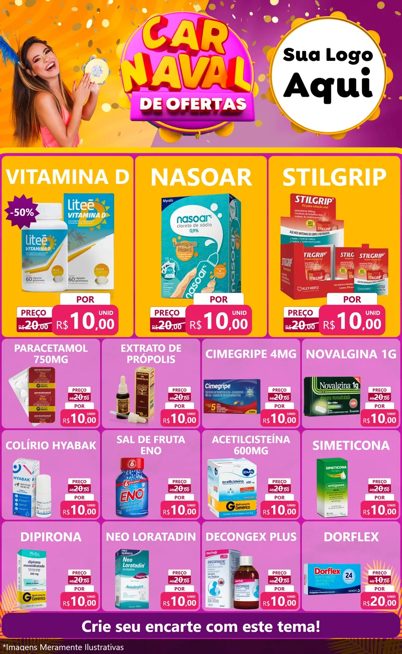 Modelo de Encarte para Encarte Grande com o tema Carnaval de Ofertas para Farmácia