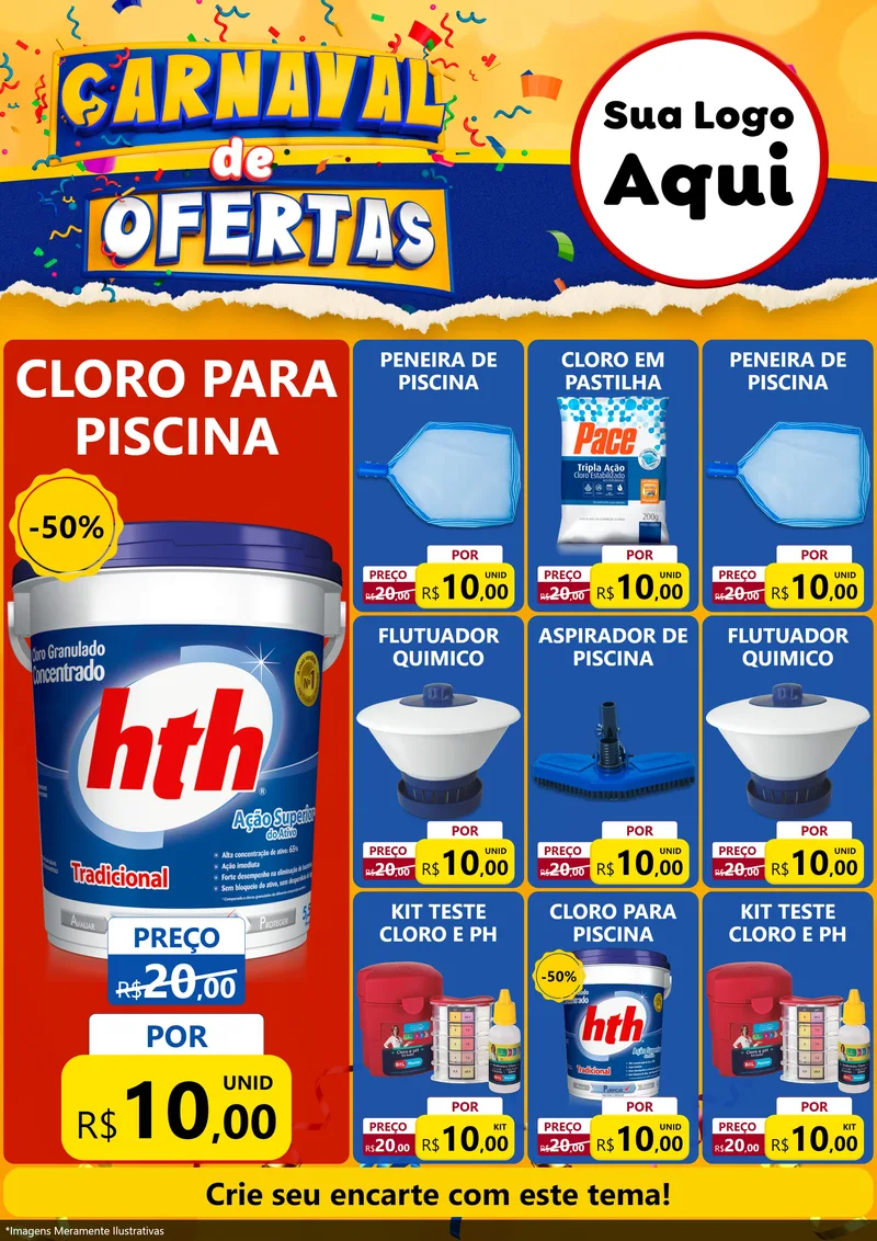 Modelo de Encarte para Encarte A4 Vertical com o tema Carnaval de Ofertas para Produtos para Piscina