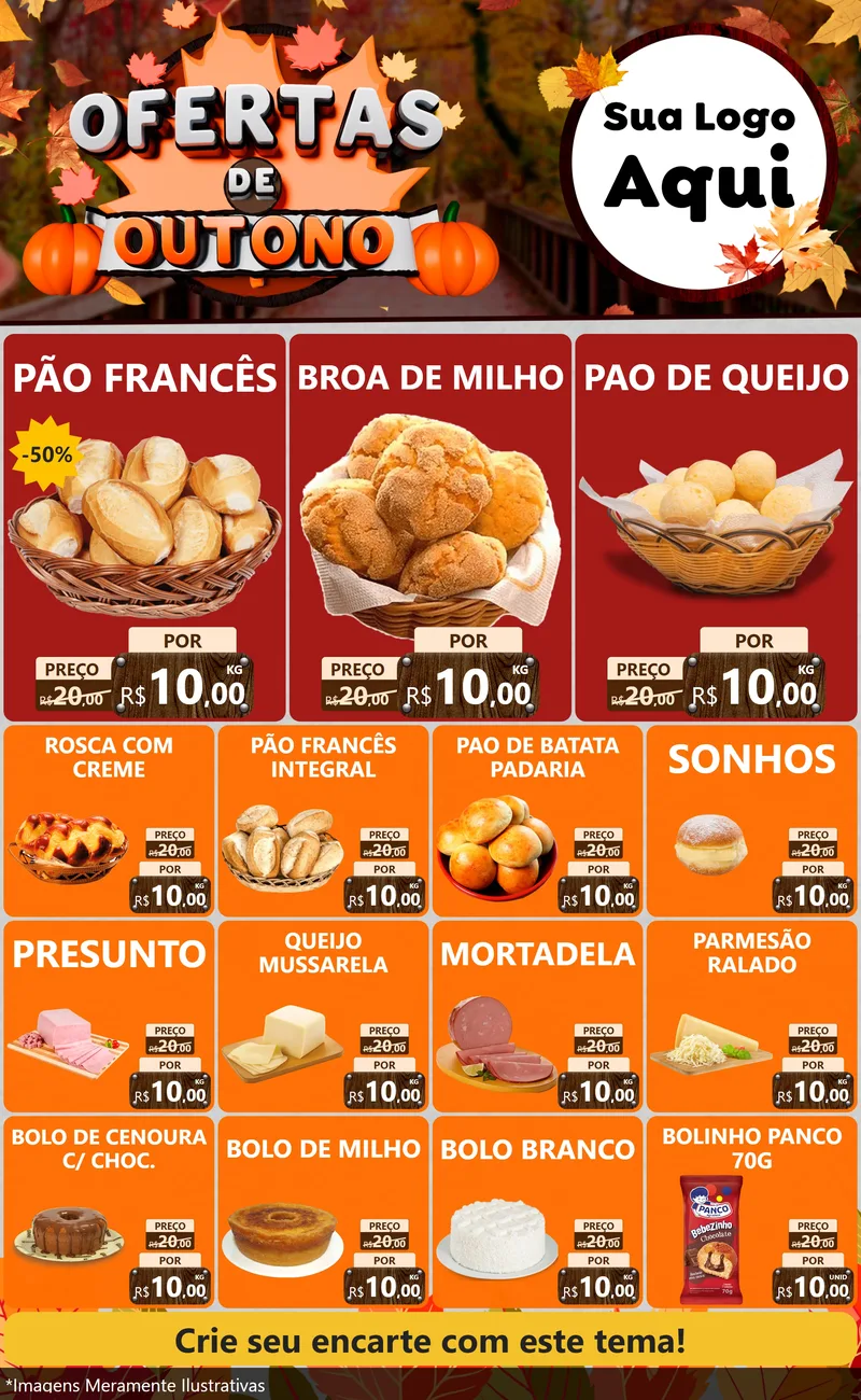 Modelo de Encarte para Encarte Grande com o tema Ofertas de Outono para Padaria