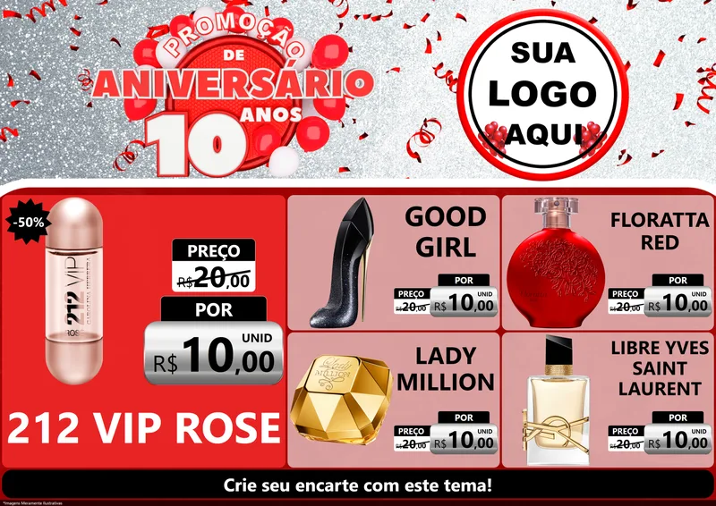 Modelo de Encarte para Encarte A4 Horizontal com o tema Promoção de Aniversário - 10 Anos para Perfumes