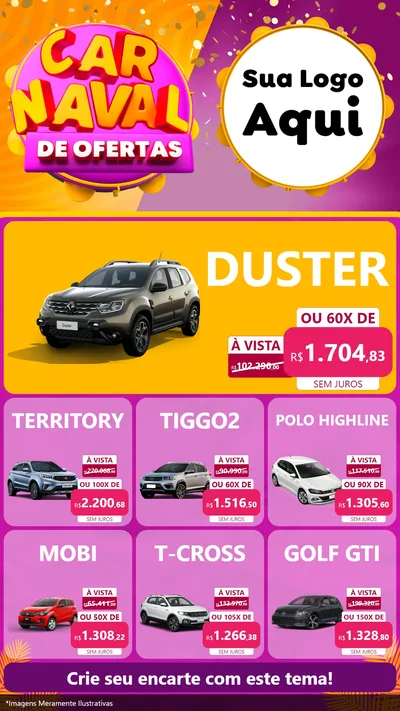 Modelo de Rede Social para Stories com o tema Carnaval de Ofertas para Concessionaria de Carros