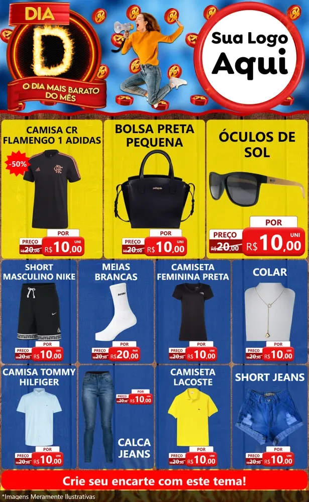 Modelo de Encarte para Encarte Grande com o tema Dia D - O Dia Mais Barato Do Mês para Roupas e acessórios