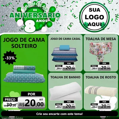 Modelo de Rede Social para Feed Facebook com o tema Promoção de Aniversário - 8 Anos para Cama, Mesa e Banho