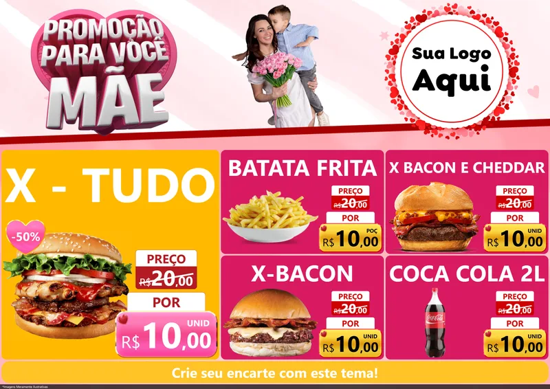 Modelo de Encarte para Encarte A4 Horizontal com o tema Promoção Para Você Mãe para Hamburgueria