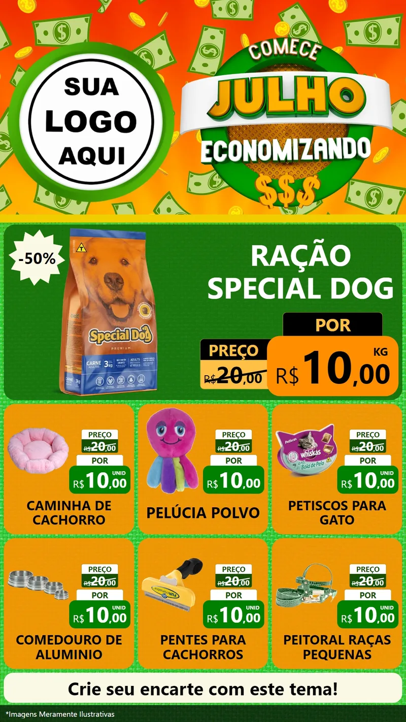 Modelo de Rede Social para Stories com o tema Comece Julho Economizando para Pet Shop