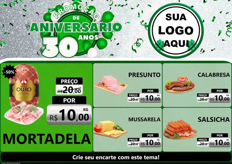 Modelo de Encarte para Encarte A4 Horizontal com o tema Promoção de Aniversário - 30 Anos para Frios e Laticínios