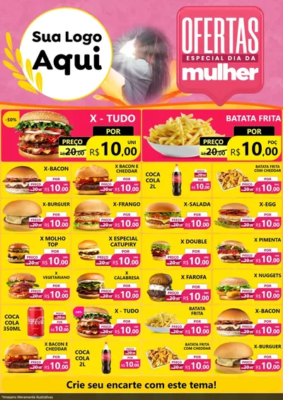 Modelo de Encarte para Encarte A4 Vertical com o tema Ofertas - Especial Dia Das Mulheres para Hamburgueria
