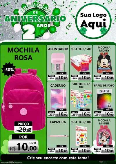 Modelo de Encarte para Encarte A4 Vertical com o tema Promoção de Aniversário - 2 Anos para Papelaria