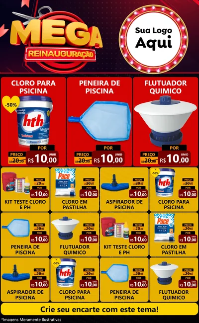 Modelo de Encarte para Encarte Grande com o tema Mega Reinauguração para Produtos para Piscina