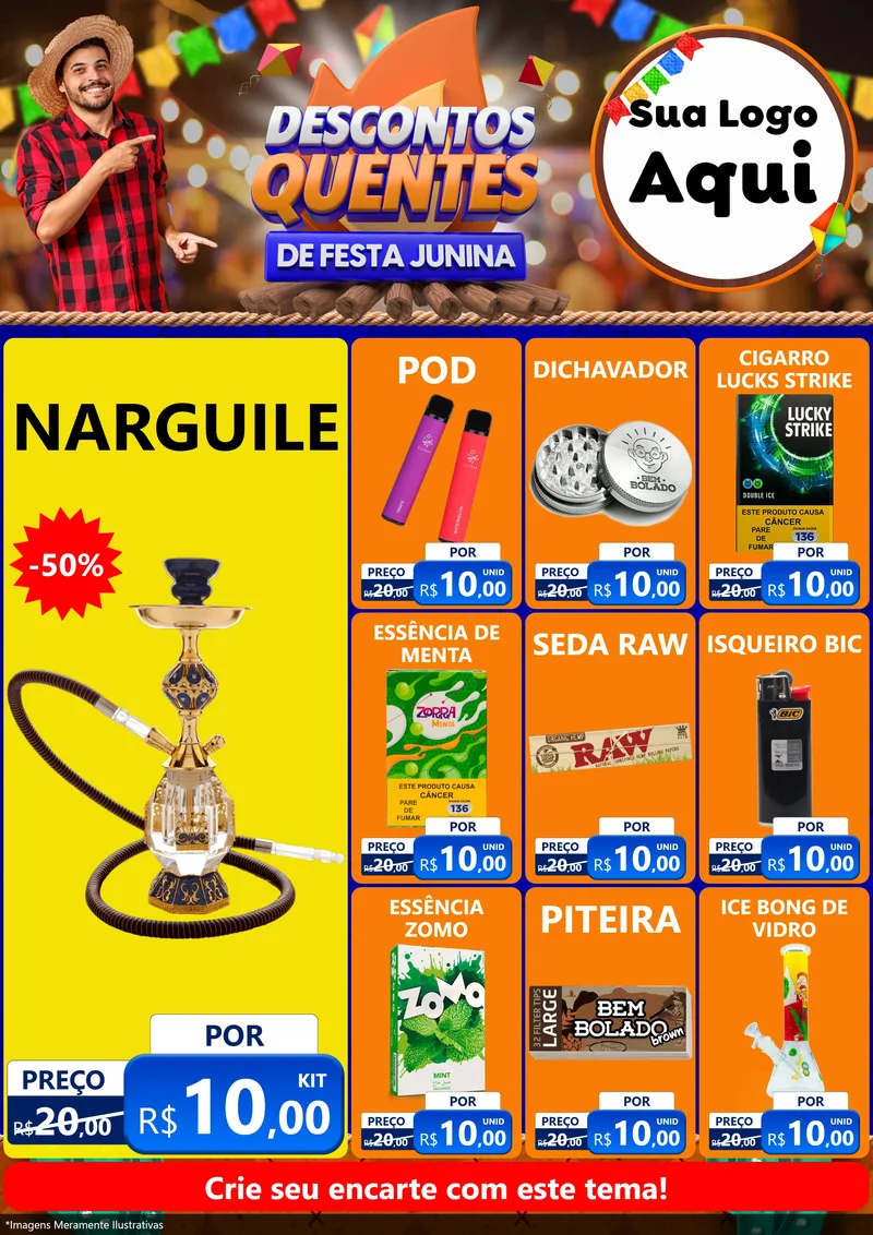 Modelo de Encarte para Encarte A4 Vertical com o tema Descontos Quentes de Festa Junina para Tabacaria