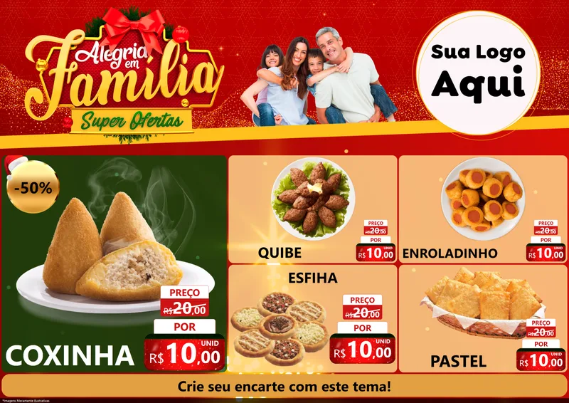 Modelo de Encarte para Encarte A4 Horizontal com o tema Alegria em Família Super Ofertas - Natal para Salgadaria