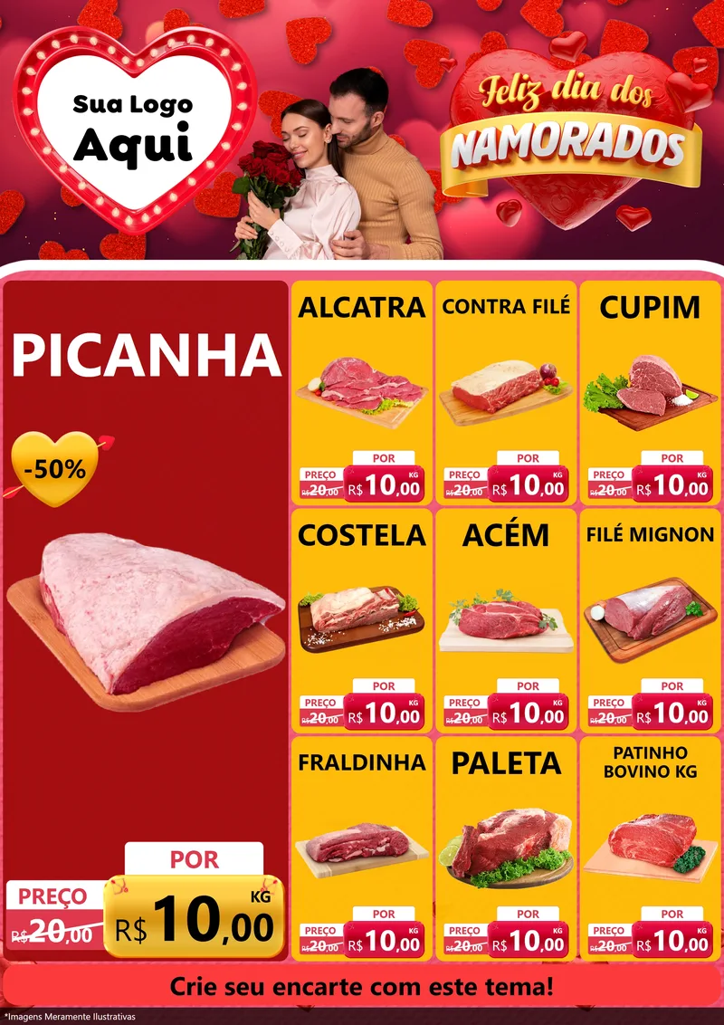 Modelo de Encarte para Encarte A4 Vertical com o tema Feliz Dia Dos Namorados para Açougue