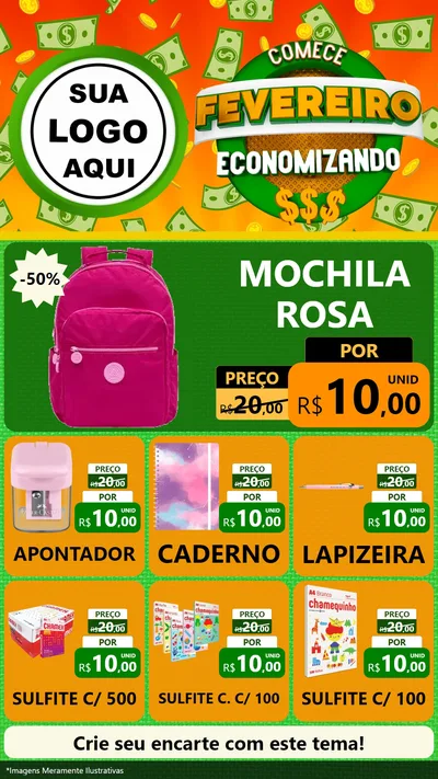 Modelo de Rede Social para Stories com o tema Comece Fevereiro Economizando para Papelaria