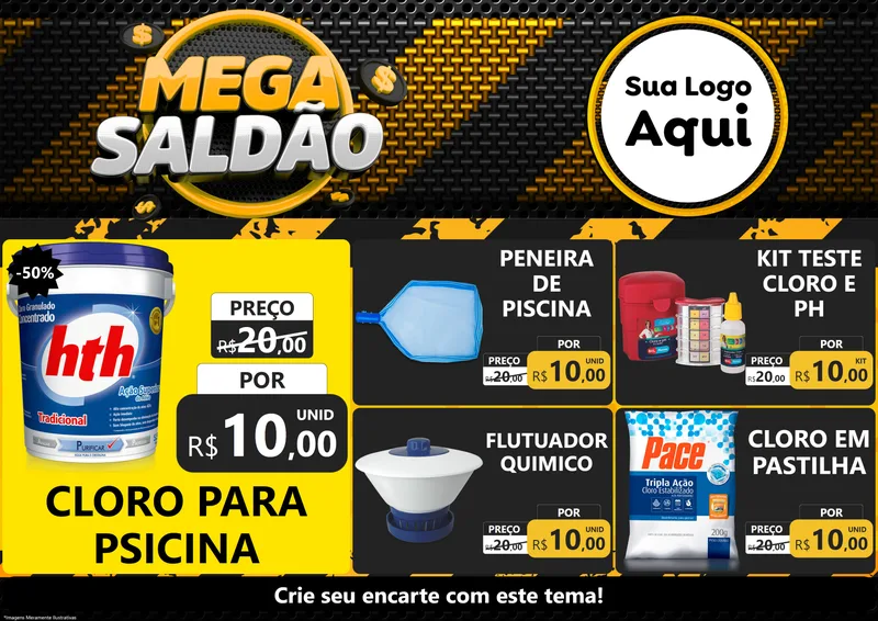 Modelo de Encarte para Encarte A4 Horizontal com o tema Mega Saldão para Produtos para Piscina