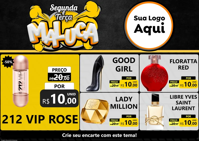 Modelo de Encarte para Encarte A4 Horizontal com o tema Segunda e Terça Maluca para Perfumes