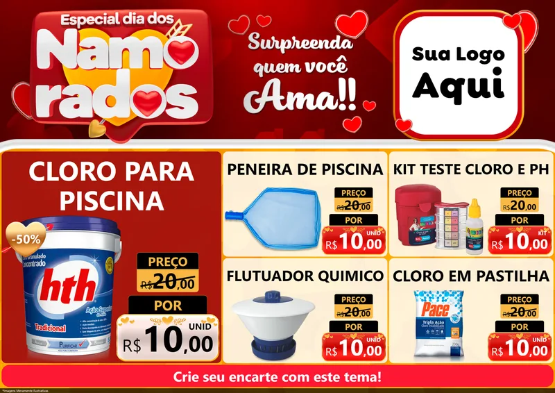 Modelo de Encarte para Encarte A4 Horizontal com o tema Especial Dia dos Namorados para Produtos para Piscina