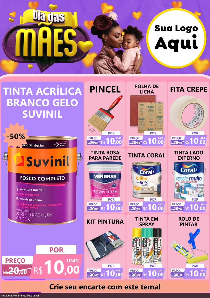 Modelo de Encarte para Encarte A4 Vertical com o tema Dia das Mães para Tintas e Ferramentas