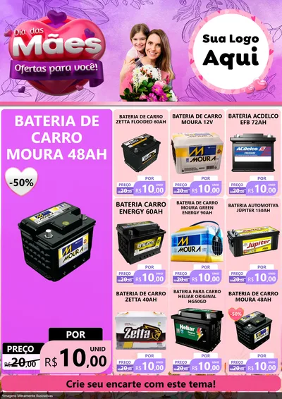 Modelo de Encarte para Encarte A4 Vertical com o tema Dia das Mães Ofertas para Você! para Baterias Elétricas
