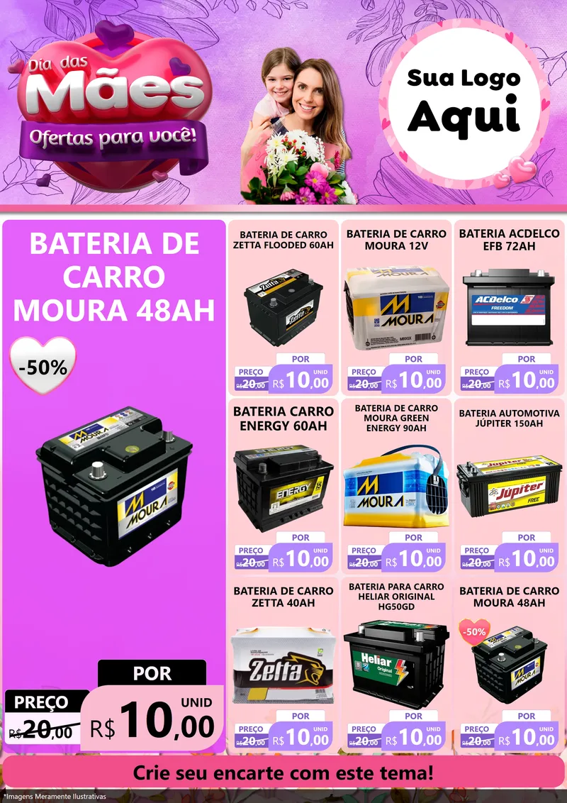 Modelo de Encarte para Encarte A4 Vertical com o tema Dia das Mães Ofertas para Você! para Baterias Elétricas