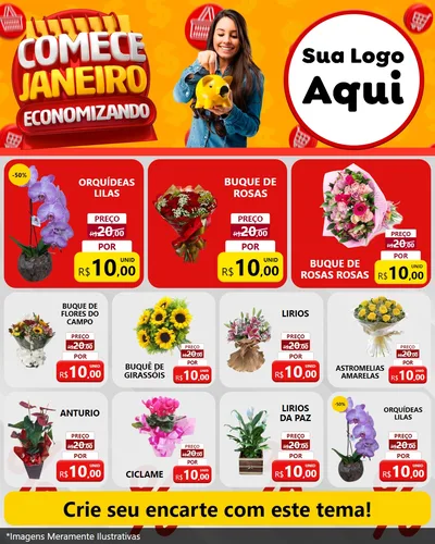 Modelo de Rede Social para Feed Instagram com o tema Comece Janeiro Economizando para Floricultura e jardim