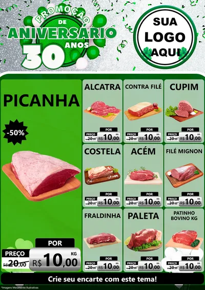 Modelo de Encarte para Encarte A4 Vertical com o tema Promoção de Aniversário - 30 Anos para Açougue