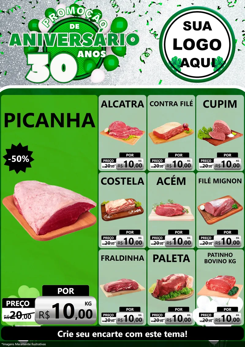 Modelo de Encarte para Encarte A4 Vertical com o tema Promoção de Aniversário - 30 Anos para Açougue