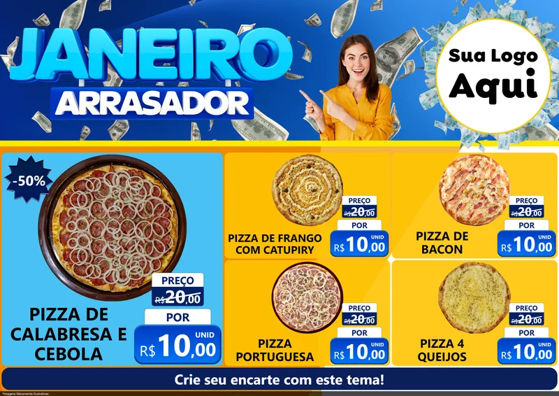 Modelo de Encarte para Encarte A4 Horizontal com o tema Janeiro Arrasador para Pizzaria