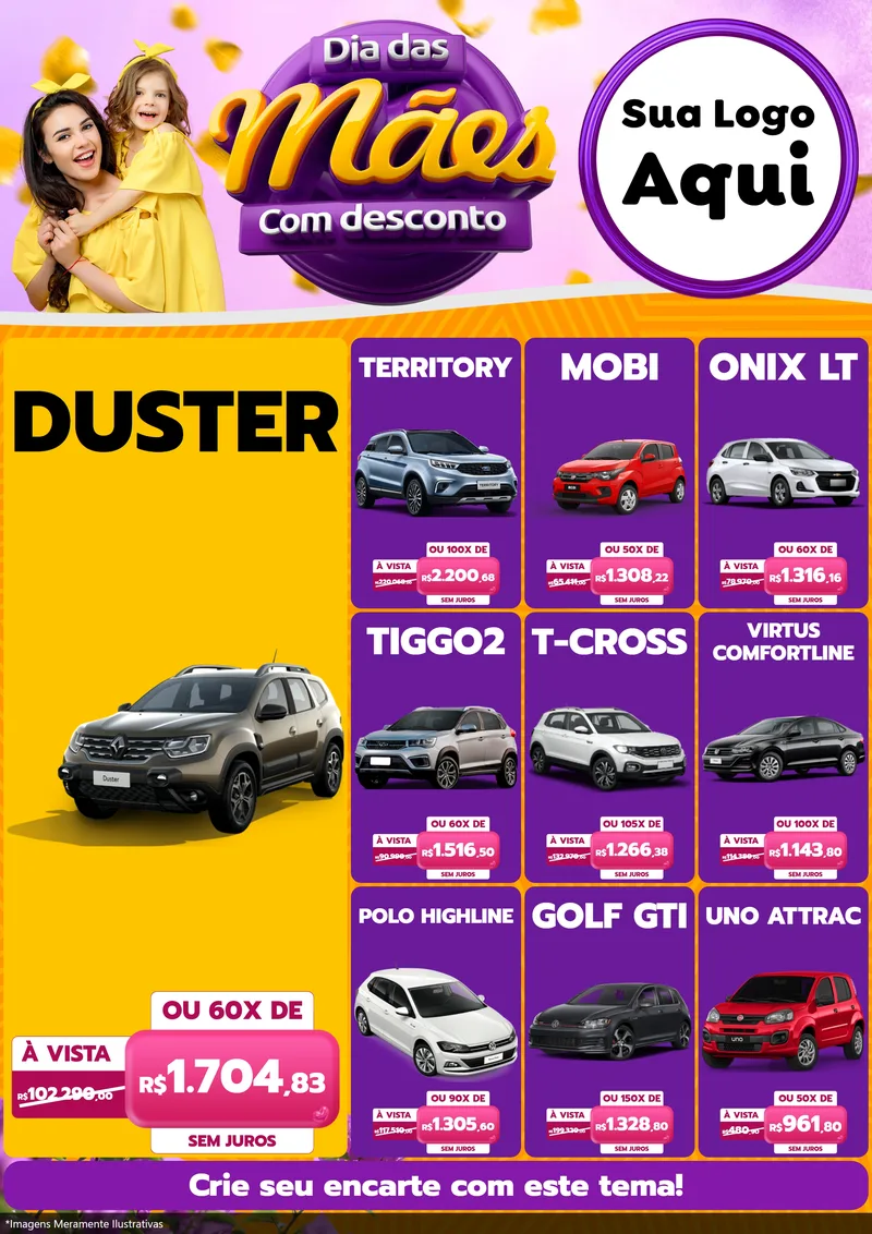 Modelo de Encarte para Encarte A4 Vertical com o tema Dia das Mães com Desconto para Concessionaria de Carros