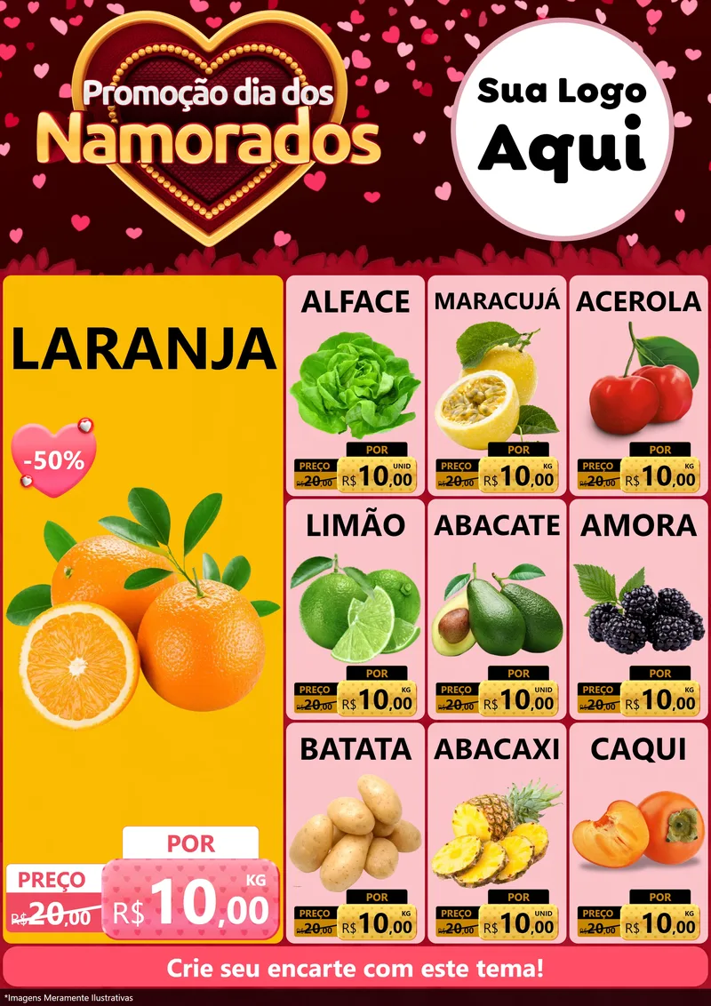 Modelo de Encarte para Encarte A4 Vertical com o tema Promoção Dia Dos Namorados para Hortifrúti