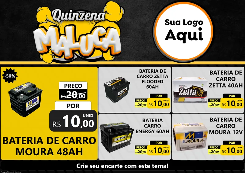Modelo de Encarte para Encarte A4 Horizontal com o tema Quinzena Maluca para Baterias Elétricas