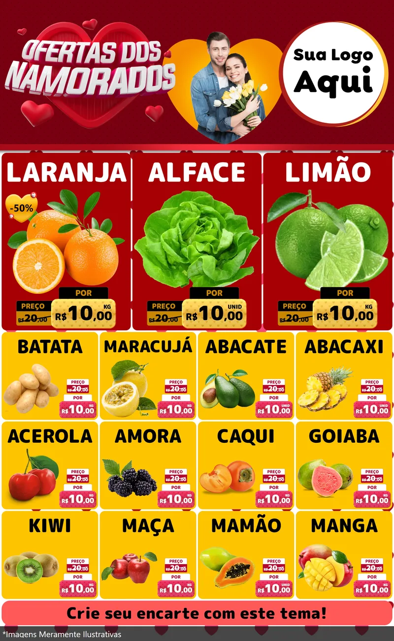 Modelo de Encarte para Encarte Grande com o tema Ofertas Dos Namorados para Hortifrúti