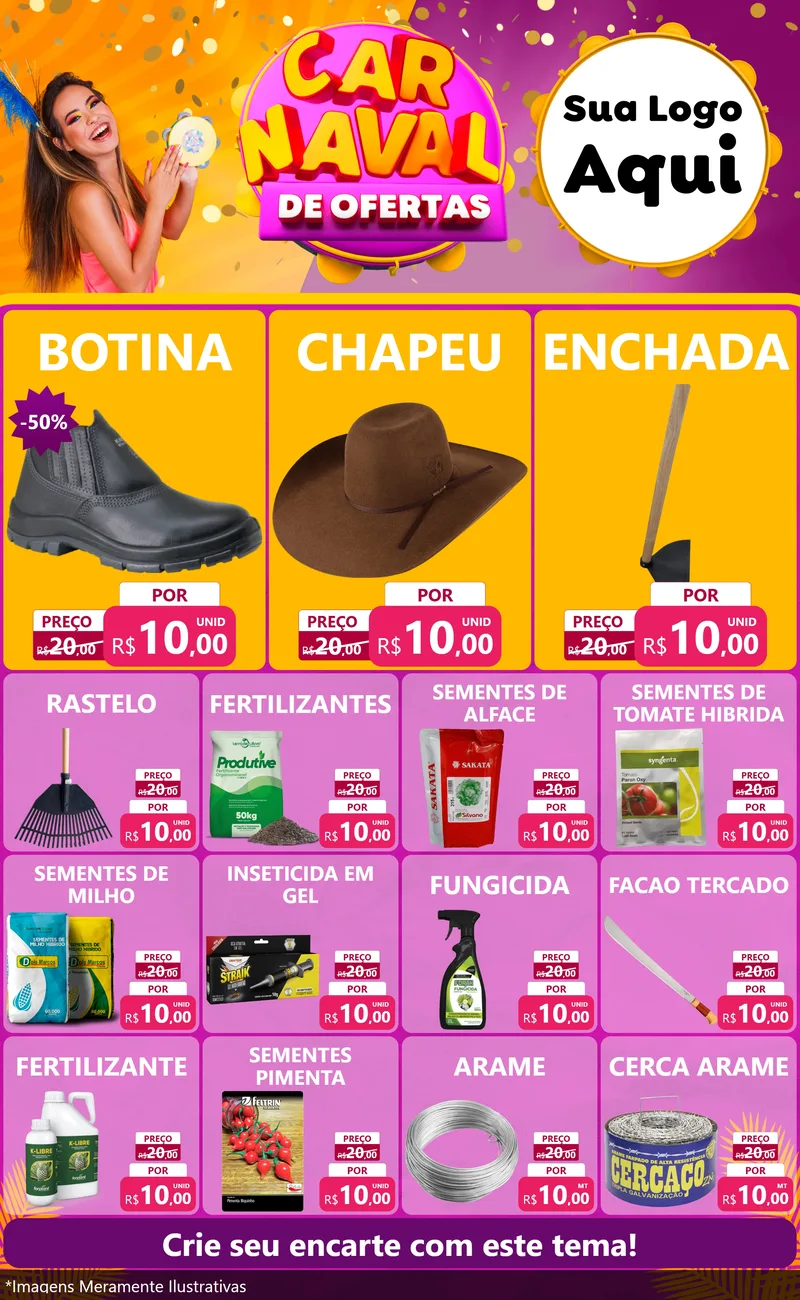Modelo de Encarte para Encarte Grande com o tema Carnaval de Ofertas para Agropecuária