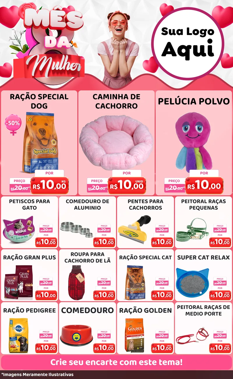 Modelo de Encarte para Encarte Grande com o tema Mês da Mulher para Pet Shop