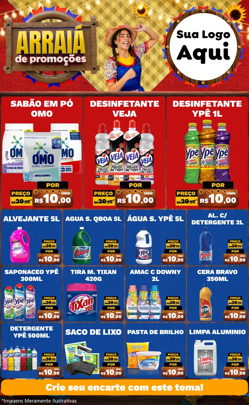 Modelo de Encarte para Encarte Grande com o tema Arraiá de Promoções para Produtos de Limpeza