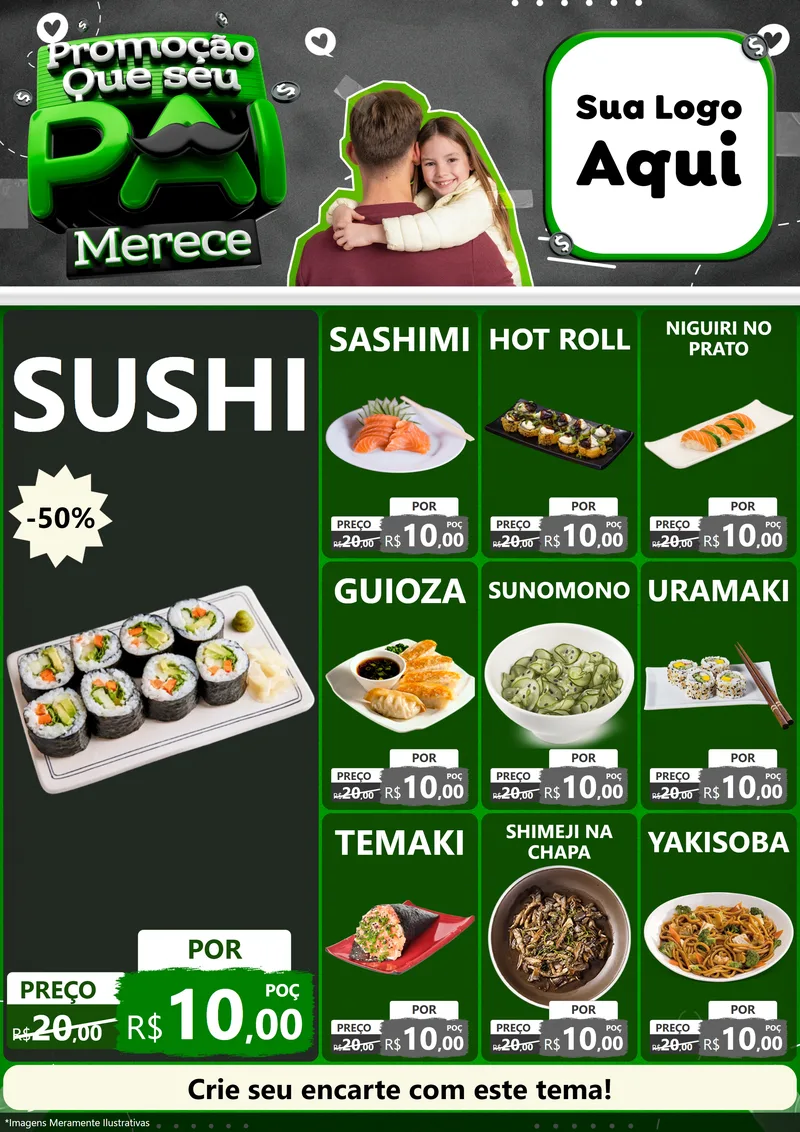 Modelo de Encarte para Encarte A4 Vertical com o tema Promoção Que seu Pai Merece para Comida japonesa