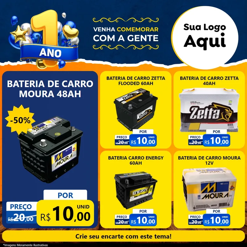 Modelo de Rede Social para Feed Facebook com o tema Um Ano de Aniversário para Baterias Elétricas