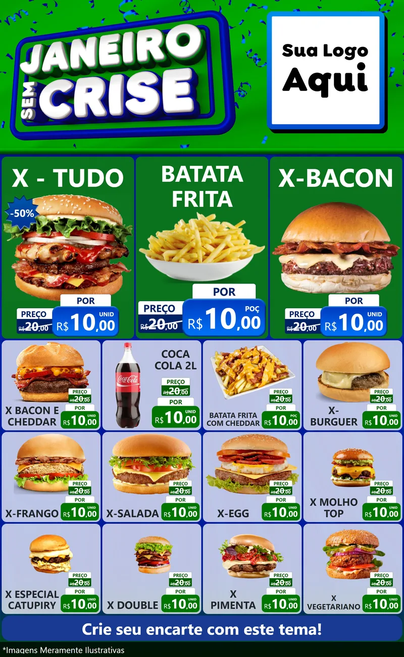 Modelo de Encarte para Encarte Grande com o tema Janeiro Sem Crise para Hamburgueria