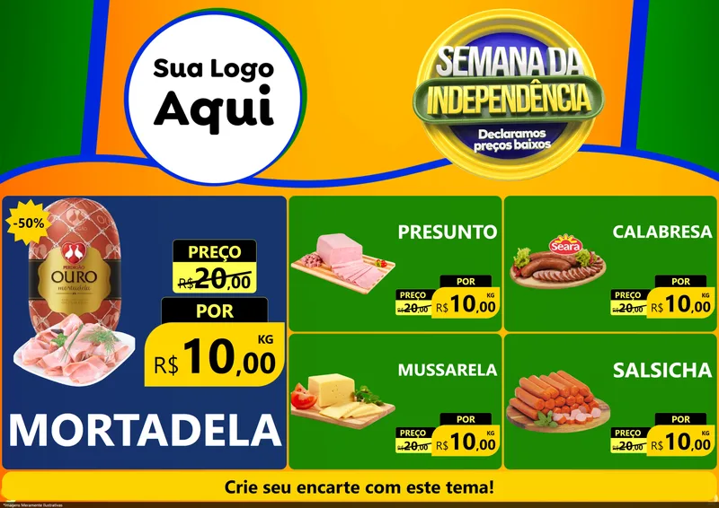 Modelo de Encarte para Encarte A4 Horizontal com o tema Semana da Independência Declaramos Preços Baixos para Frios e Laticínios