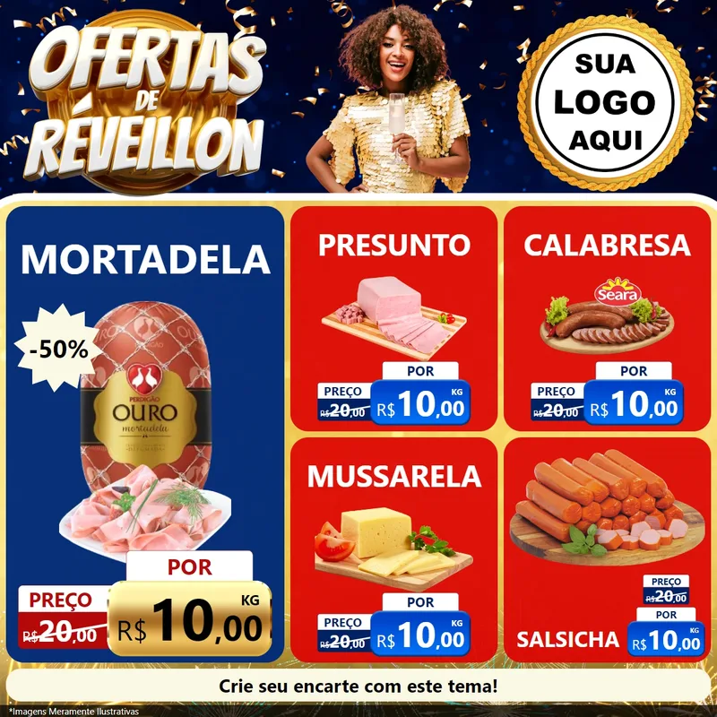 Modelo de Rede Social para Feed Facebook com o tema Ofertas de Réveillon para Frios e Laticínios