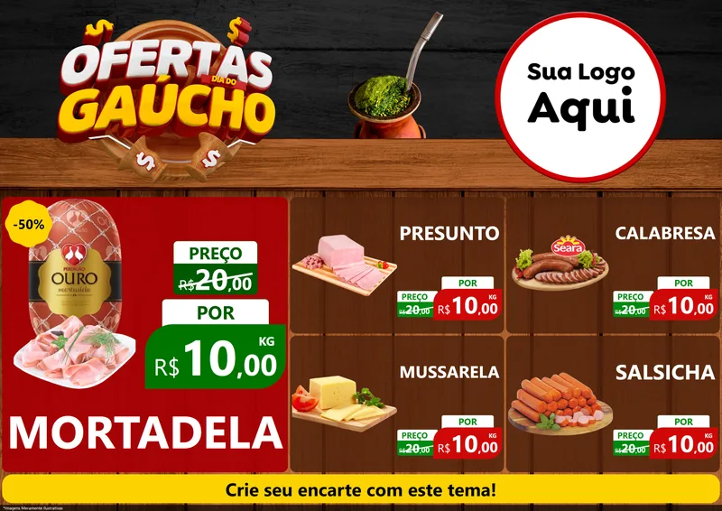 Modelo de Encarte para Encarte A4 Horizontal com o tema Ofertas Dia do Gaúcho para Frios e Laticínios