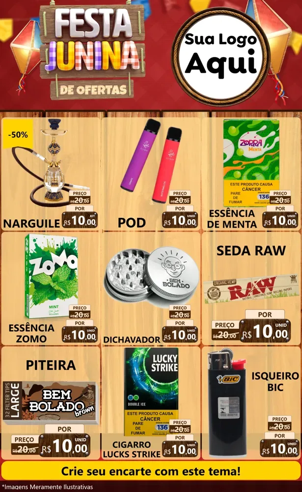 Modelo de Encarte para Encarte Grande com o tema Festa Junina de Ofertas para Tabacaria