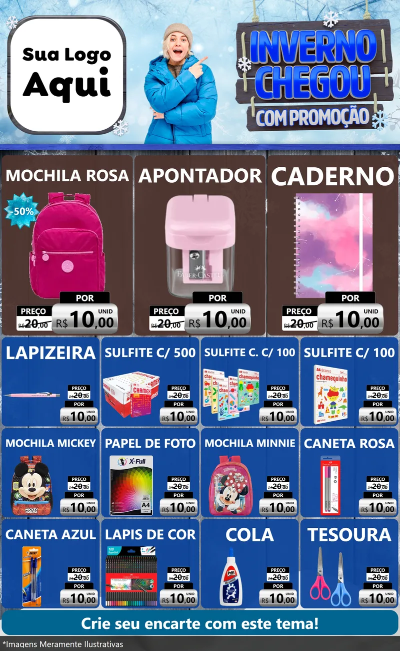 Modelo de Encarte para Encarte Grande com o tema Inverno Chegou Com Promoção para Papelaria