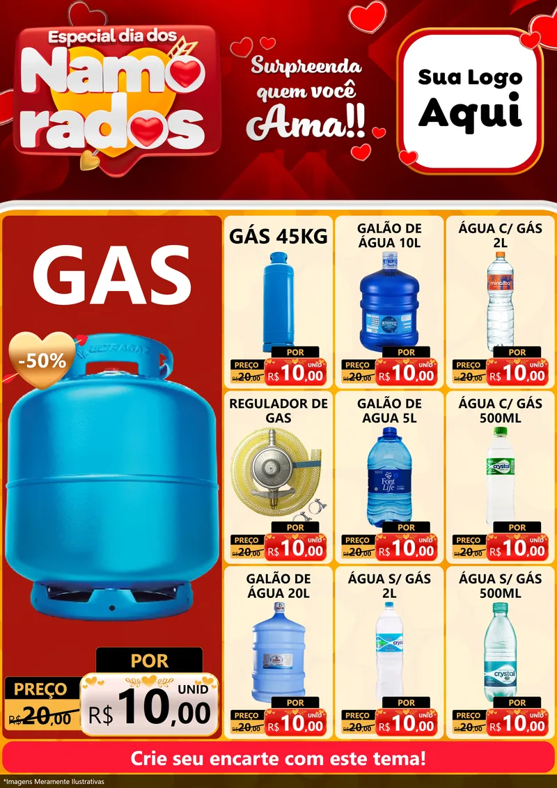 Modelo de Encarte para Encarte A4 Vertical com o tema Especial Dia dos Namorados para Água e gás