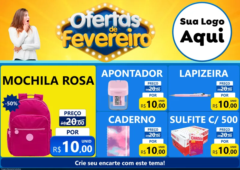Modelo de Encarte para Encarte A4 Horizontal com o tema Ofertas de Fevereiro para Papelaria