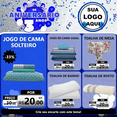 Modelo de Rede Social para Feed Facebook com o tema Promoção de Aniversário - 3 Anos para Cama, Mesa e Banho