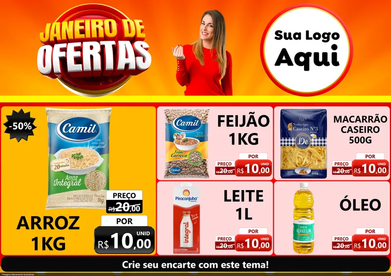 Modelo de Encarte para Encarte A4 Horizontal com o tema Janeiro de Ofertas para Supermercado