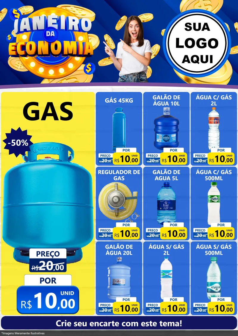 Modelo de Encarte para Encarte A4 Vertical com o tema Janeiro da Economia para Água e gás